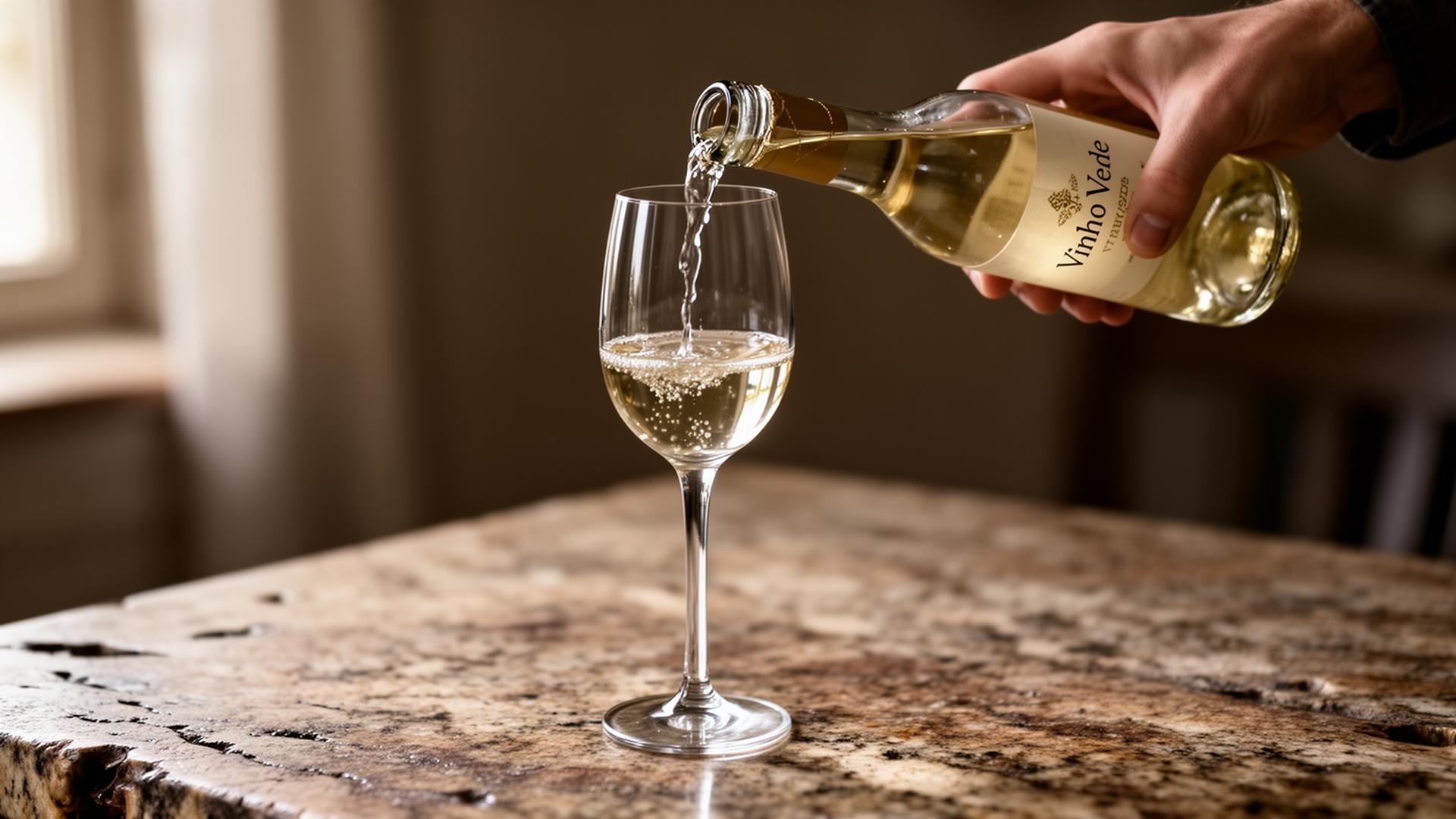 Pouring Vinho Verde into a crystal stem glass